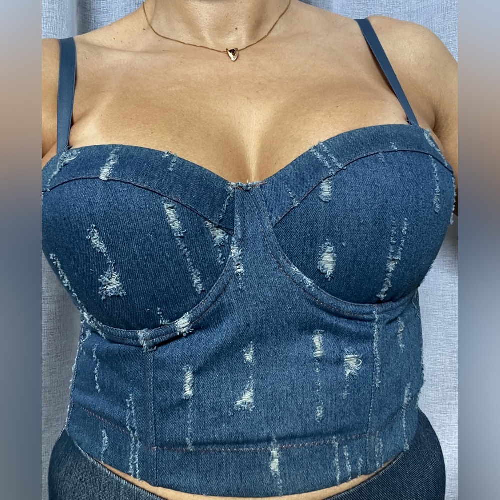 Ellacci Denim Distressed Bustier/Corset Crop Top